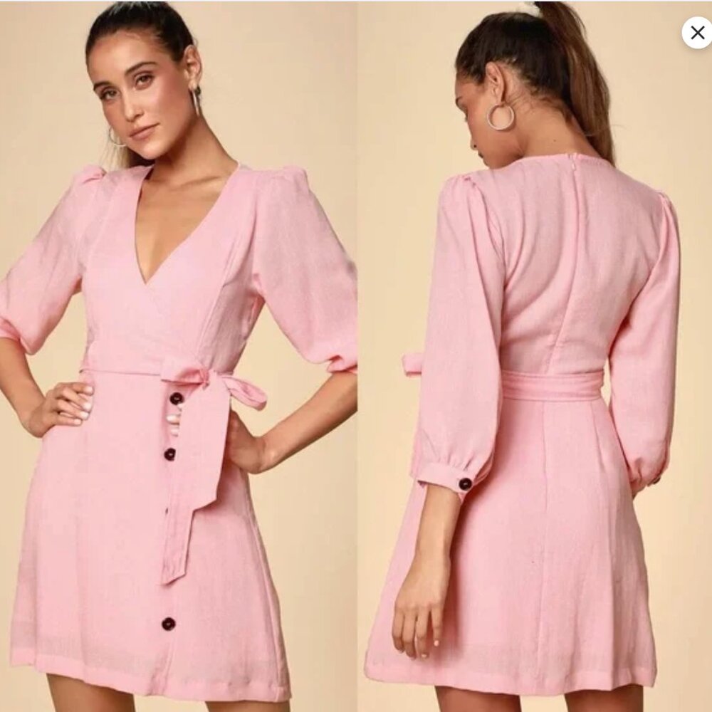 NWOT Lulus | Aja Light Pink Three-Quarter Balloon Sleeve Dress, size M